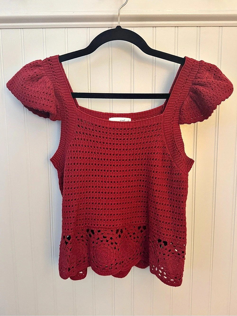 Openwork Pointelle Flutter Sleeve Sweater Tank Red Medium